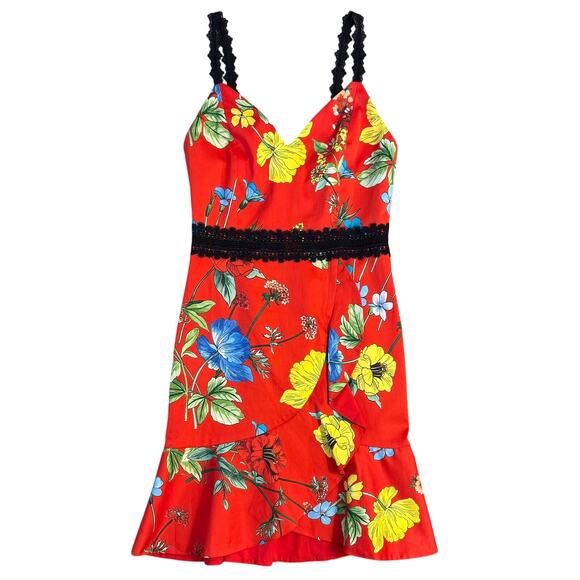 Alice + Olivia Dresses & Skirts - Alice + Olivia Kirby Mini Dress Floral V-Neck Lace Tulip Hem Summer Red Women 0